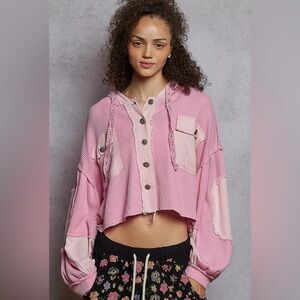 Pink Cropped Button-Up Hoodie
